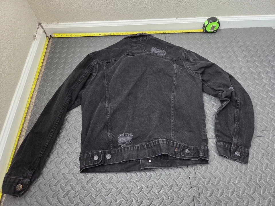 Chaqueta de camionero de mezclilla para hombre Forever 21 negra grande manga larga envejecida #S172 Foto 4 de 4