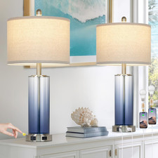 Coastal Blue Glass Table Lamps Set of 2 with USB Ports  Touch Control