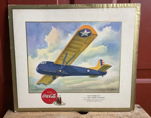 Vintage 40s WWII Era Coca Cola /US Army Waco Glider Plane Advertising Card Sign