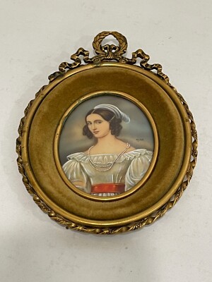 Antique French Frederic Millet Signed Miniature Oval Portrait of Woman