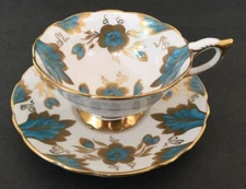 Royal Stafford Teal Gold Gilt Vintage Footed Cup and Saucer Free Shipping