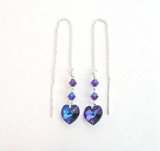 "IAJ" STERLING SILVER Ear Thread Earrings w/ HELIOTROPE PURPLE SWAROVSKI HEARTS