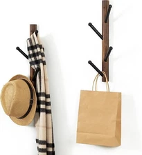 Wall Mounted Wood and Black Metal Coat Rack, Hat Hanging Coat Rack, Set of 2