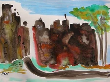 Original MILL  LANDSCAPE NAIVE  FOLK OUTSIDER MCW art Mary Carol Primitive