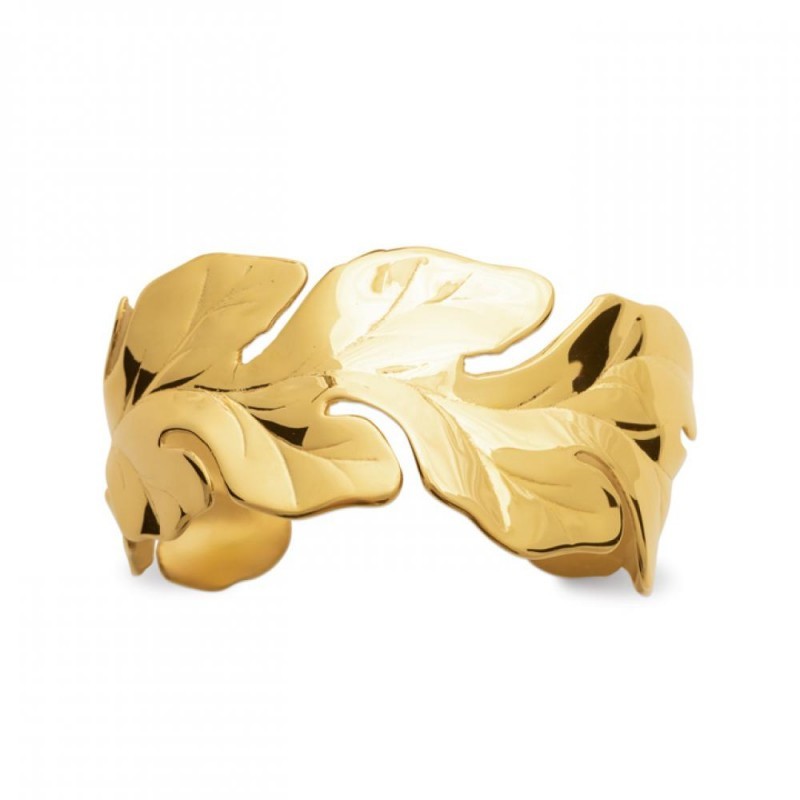 Bracelet manchette rigide feuille striée acier inoxydable doré 66 mm