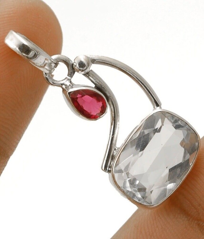 Natural 6CT White Topaz & Tourmaline 925 Sterling Silver Pendant Jewelry @9-9