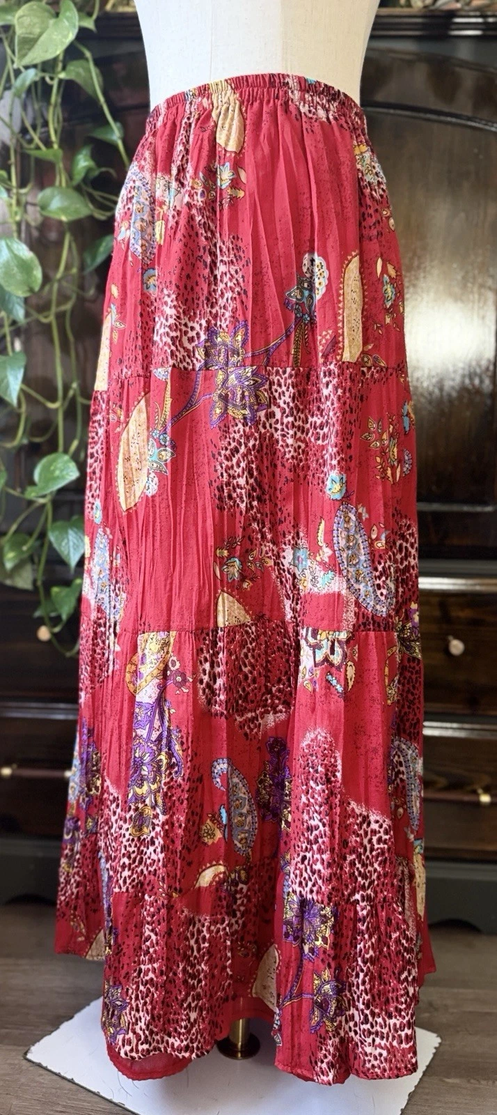 1X VINTAGE Crinkle Cotton Gauze RED Patchwork Maxi Skirt Tiered BROOM A Line