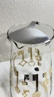 Pitcher Clear Glass Embossed Gold Skeleton Key VTG Pyrex Decanter w/ Metal Spout