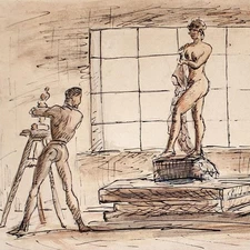 In Studio Sculptor and Model Signed Engraved Ink Drawing Drawing 20th Century