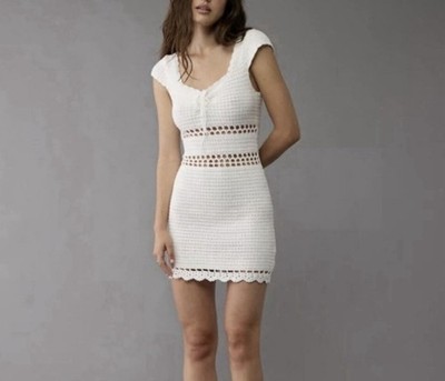 American Eagle White Crochet Mini Dress Open Knit Boho Cottagecore Festival Med