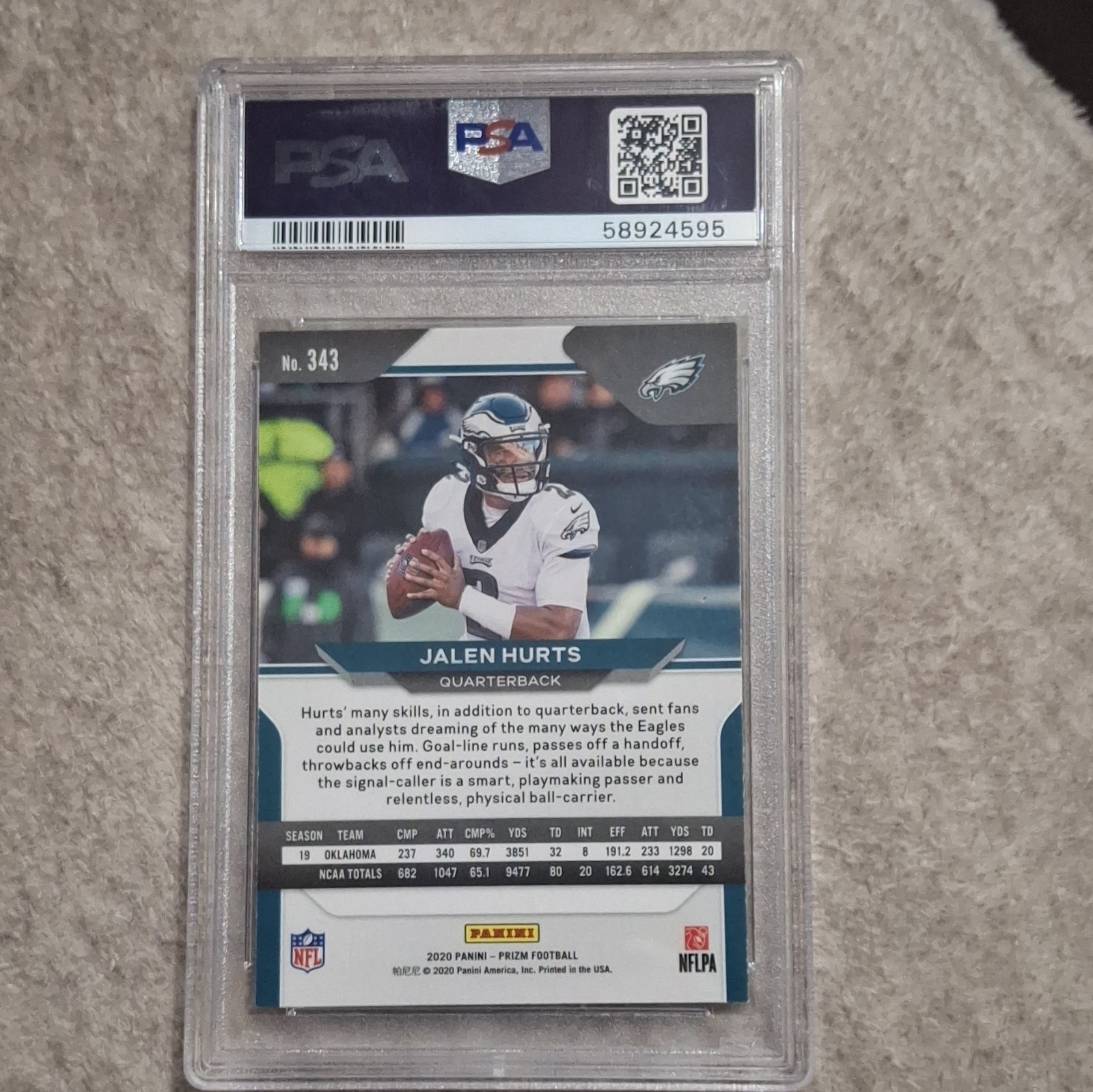 Panini Prizm 2020 Jalen Hurts #343 Eagles Football Rookie Base PSA 9 view 3