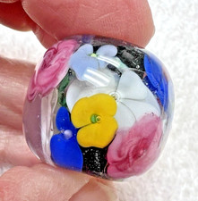 Handmade Floral Art Glass Lampwork Bead Paperweight Large 3/4" T x JS 1 In Wide