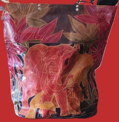 Vintage Tasche 80/90er J. ECHTES LEDER Handarbeit Big Shopper ELEFANT Bunt