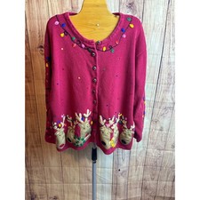 Vintage 2003 Tiara Women Reindeer Holiday Lights Cardigan Sweater Size 18/20