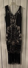 Pretty Guide 1920s Style Flapper Dress Black w/Gold Sequins  Beads-Lg