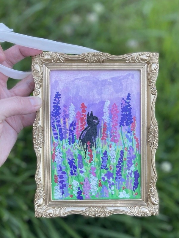 5x7 Black Kitty Cat Wild Flowers Floral Abstract Canvas Gold Frame Satin Hanger