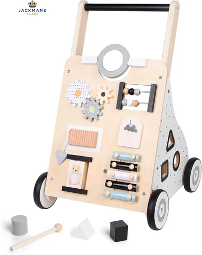 Wooden Baby Walker Push and Pull, Learning Activity Walker, Black & White