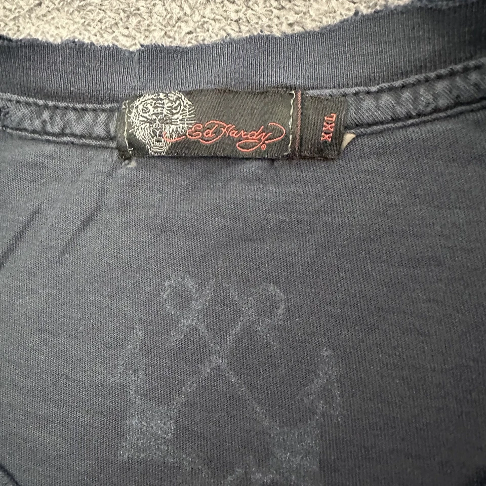 vintage ed hardy distressed blue t-shirt size 2xl navy blue v-neck y2k tee - Image 3 of 4