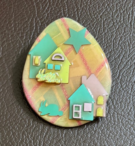 Lucinda House Pin Egg Shaped Bunny Rabbits Glitter Pastel Plaid Houses Star Vtg