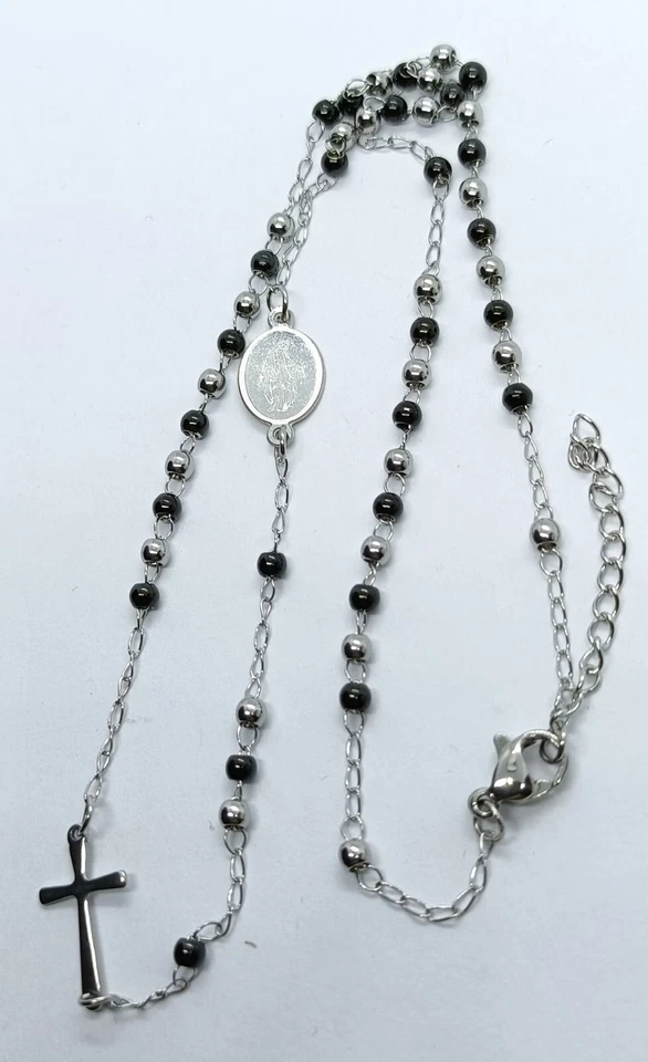 Collana girocollo rosario acciaio inox palline smalto nero uomo donna - Immagine 4 di 4