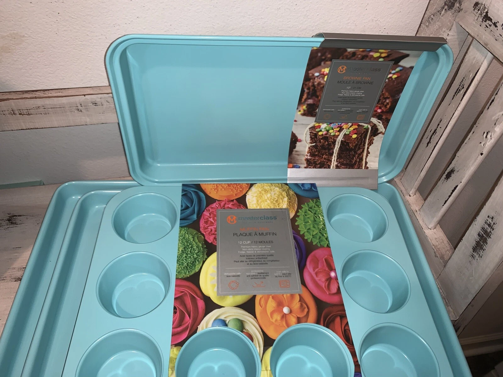 4 Piece Masterclass Turquoise Blue Premium Baking Pans Cupcake Pan Cookware