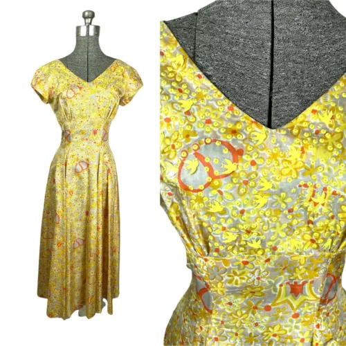 1950s silk printed dress with bird sequins by Glen-Joans Fashions Size S