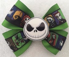 Girls Hair Bow 4" Wide Nightmare Before Christmas Green Flatback French Barrette