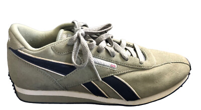 VTG Reebok Classic Sneakers Gray Suede Navy Blue Stripe 8 1/2 RB-206 TYI 1-73467