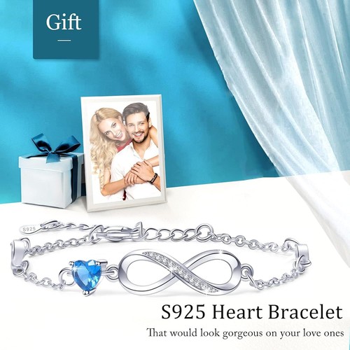 Infinity Heart Bracelet for Women 925 Sterling Silver Charm Blue CZ Dainty Gifts - Picture 2 of 7