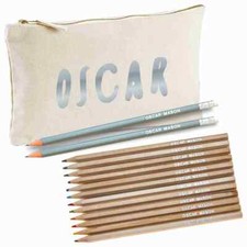 Personalised Canvas Pencil Case with 12 Colouring Pencils  2 HB Pencils -GREY