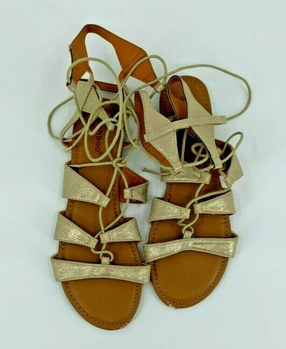 Bamboo Gold Lace-Up Caged Flat Sandals 