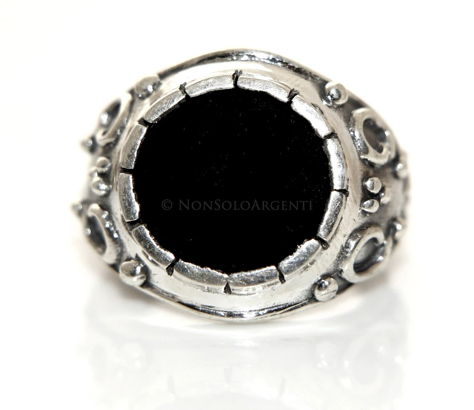 Anello Argento 925 onice tondo e fascia massiccia lavorata uomo misura 24 grande - Immagine 3 di 3