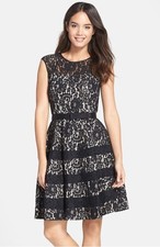  ELIZA J BELTED CAP SLEEVE LACE BLACK FIT & FLARE DRESS sz 8