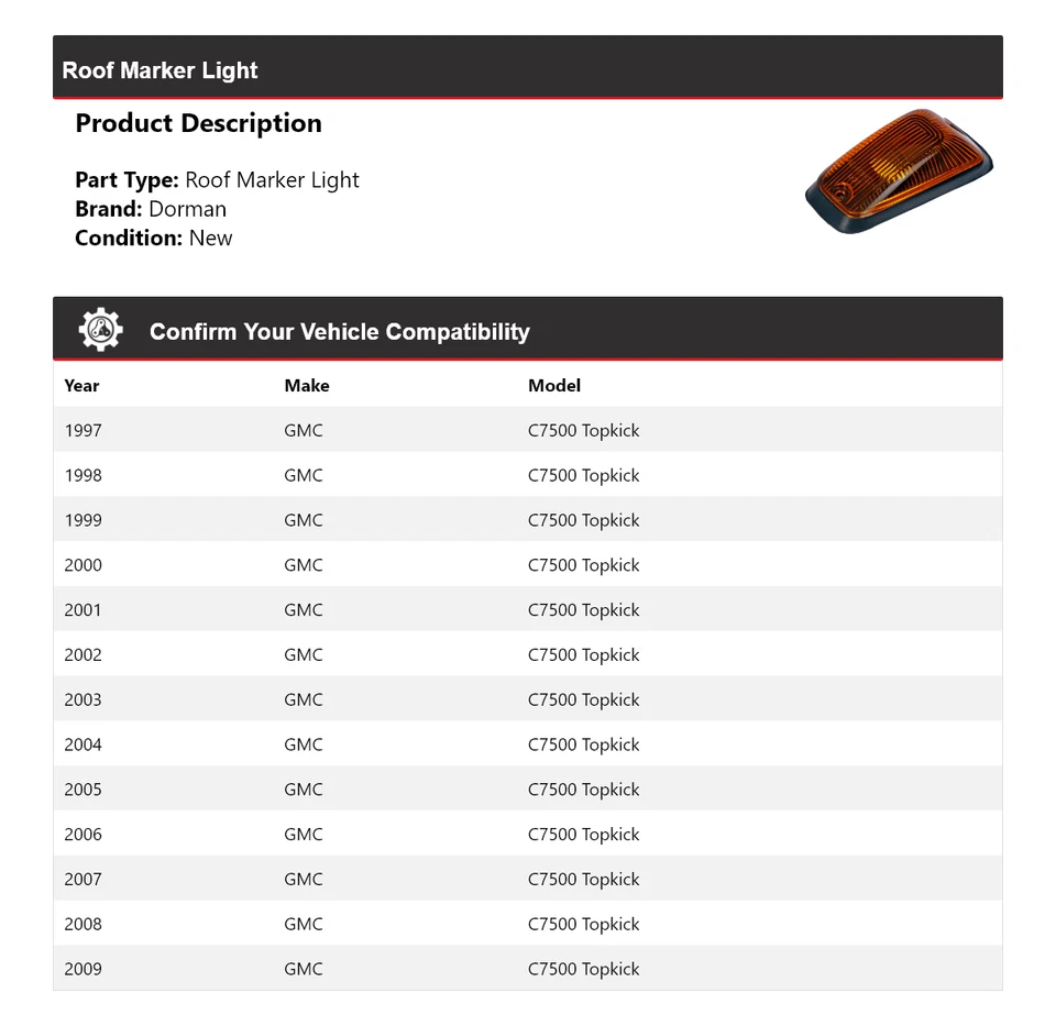 Luz marcadora de techo Topkick Dorman para GMC C7500 1997-2009 1998 1999 2000 2001 Foto 2 de 3