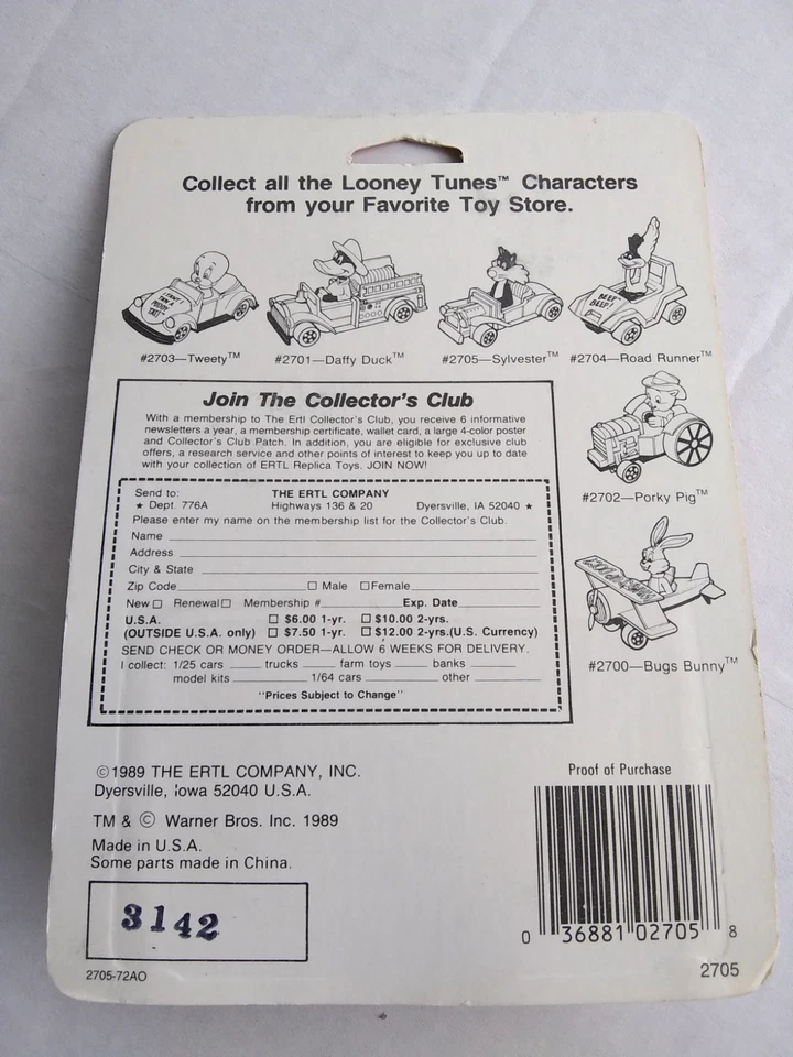 1989 ERTL Looney Tunes Сильвестр Sufferin' Succotash! Литой автомобиль родстер 2705 - Изображение 2 из 4