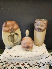 Vintage UCTCI Japan Pottery Pig Picture Frame, Vase, Bell, Earthtones