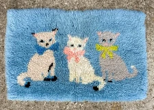 Vintage MCM 3 Cats Kittens Finished Latch Hook Rug 29" x 19" Blue Cottage Chic