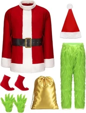 Christmas Costume Adult Men 8 Pcs Deluxe Green Furry Monster Costumes Santa Suit