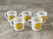 Set of 5 Vintage Milk Glass Mugs with Yellow Floral Medallion Design