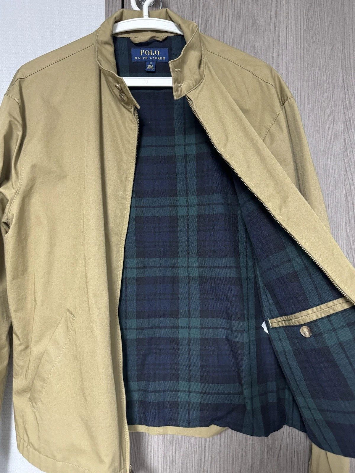 Polo Ralph Lauren Harrington Jacket Beige M Zip Front Plaid Lined Cotton Twill - product detail image 3