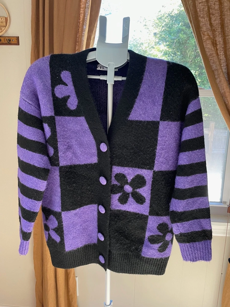 Zara Womens Cardigan S Oversized Purple Black Checkered Floral Knit Sweater