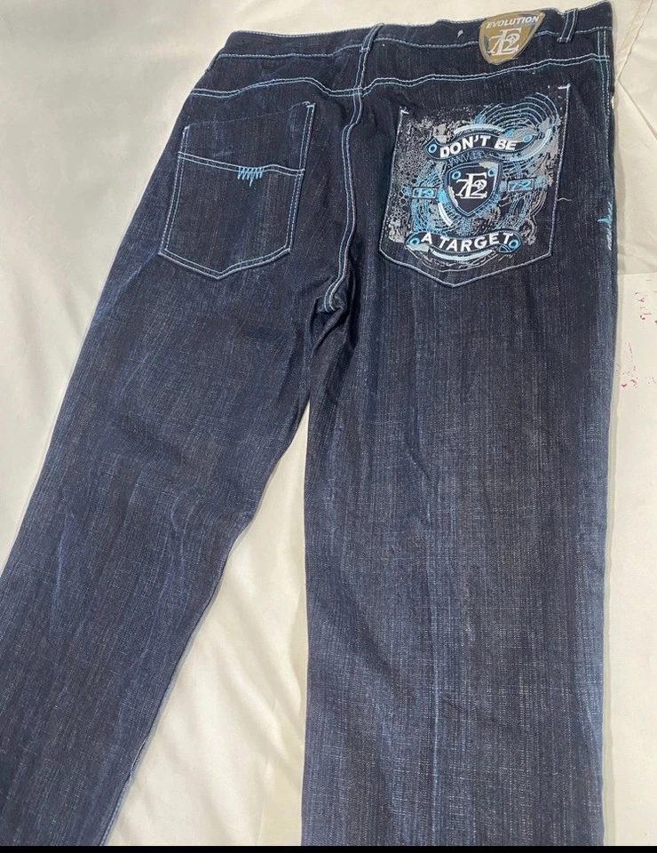 复古 Y2K EVOLUTION 牛仔牛仔裤 40X32 BAGGY 滑水 GOTH PUNK 宽腿 — 第 2/4 张图片