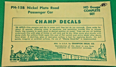 Champ Decals HO #PH-15B Nickel Plate Road Passenger Car - See Below
