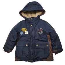 OshKosh B'gosh Sherpa Lined Hooded Winter Jacket Boys Size 4 Navy Blue Patches