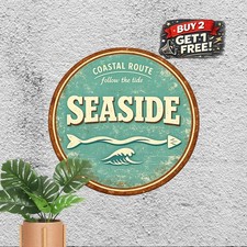 Ocean Wave Beach Coastal Seascape Retro Round Metal Tin Sign Decor 8x8