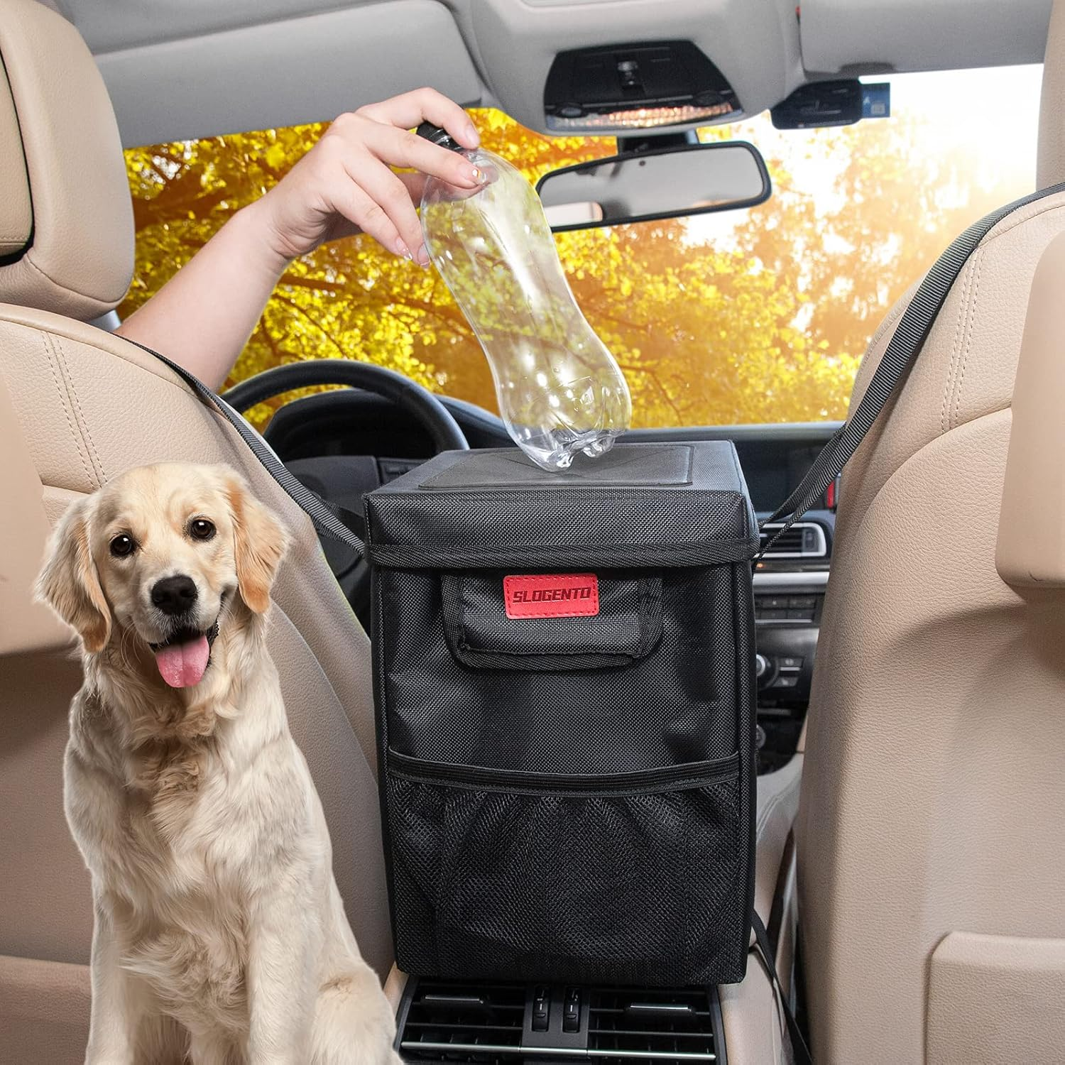 Collapsible Hanging Car Trash Can with Lid and Storage Pockets for Vehicles-image