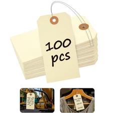 100 Pack 4 3/4"x2 3/8" Size 5 Manila Inventory Pre Wired Hang Tags with Wire US