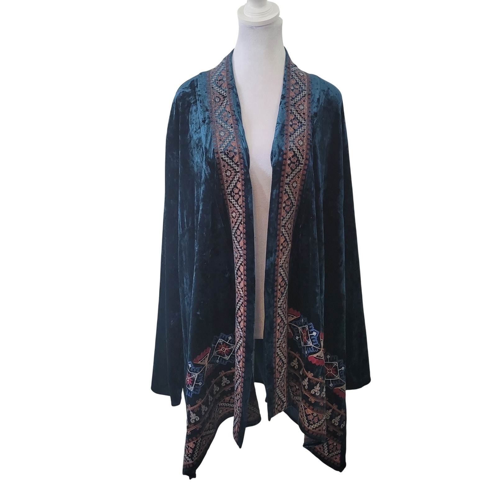 Andree by Unit Velvet Kimono Women 2X Teal Excellent Embroidered Open Cardigan