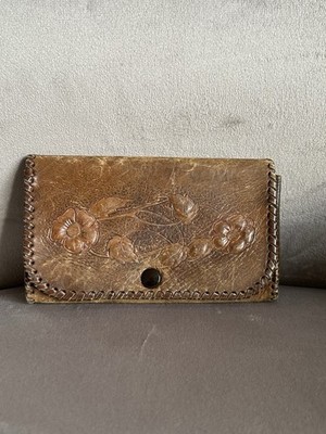 Vintage verzierte hellbraune Leder Blumen Druckknopf Geldbörse Knopfverschluss
