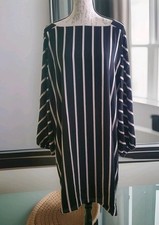 Loft Black Stripe Lined Dress Women L Semi Sheer Relaxed Sleeve Square Neck NWT